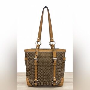 Coach Signature Soho Brown Jacquard Canvas Tan Patent Leather trim Tote  **READ*